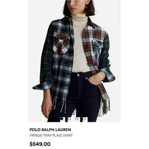 Polo Ralph Lauren NEW Womens Plaid Fringe Trim Button Up L/S Top Flannel M $549